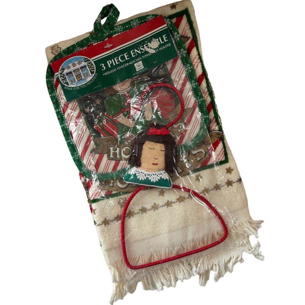 Vintage Happy Holidays Christmas Kitchen Towel, Pot Holder, and‎ Hanger NEW